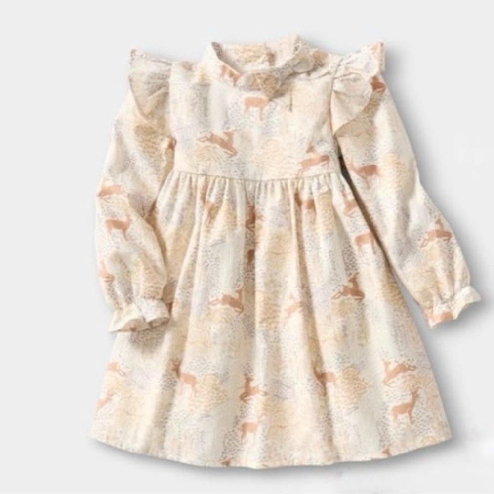 JANIE & JACK CREAM TAN BROWN DEER PRINT LONG SLEEVE TWILL DRESS